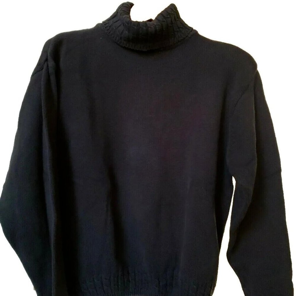 Talbots Cotton Turtleneck Sweater Cable Accents Washable Black Large